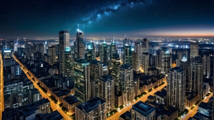 Fototapeta premium A stunning night view of a futuristic city, with illuminated buildings, a starry sky, and a reflective water surface that mirrors the vibrant skyline