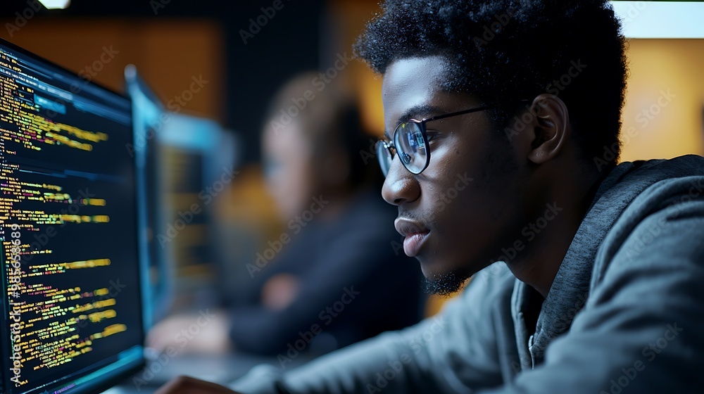 Poster cybersecurity and ai coding studies by an african american student in it class.