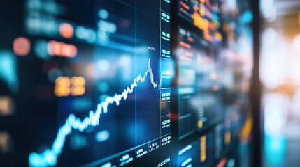 Obraz premium Close-up of digital screen showing downward-trending line graph symbolizing Fed rate cut, surrounded by financial charts and news headlines, key financial indicator visualization.