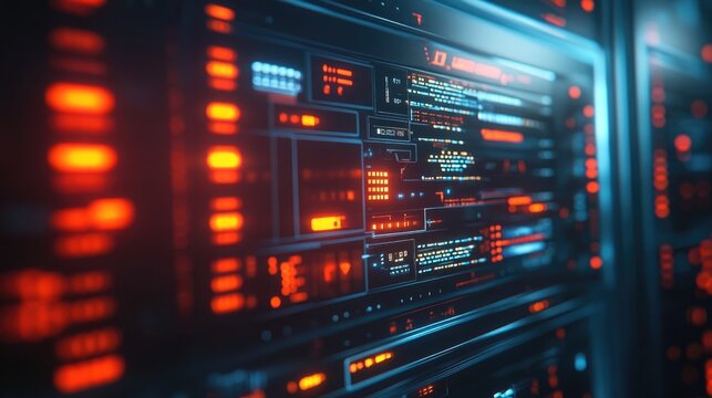 Close-up of a secure server with advanced digital encryption and security alerts displayed on a high-resolution screen