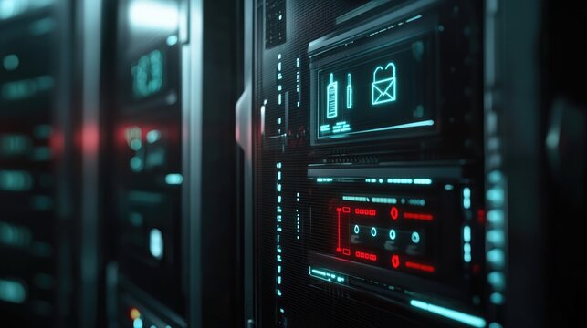 Close-up of a secure server with advanced digital encryption and security alerts displayed on a high-resolution screen