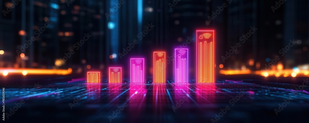 Poster colorful digital graph representing growth and progress in a modern cityscape, showcasing data visua