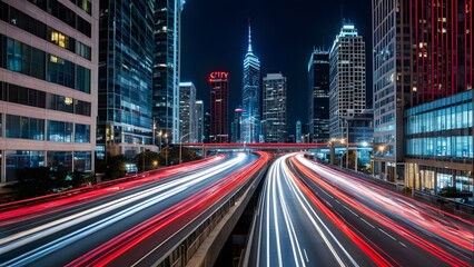 Obraz premium A bustling city street at night, with dynamic light trails from moving vehicles contrasting against the illuminated skyscrapers and modern architecture under a dark sky