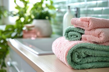 stack of pink and green towels on blurred bathroom background. laundry, washing concept. domestic use, promoting purity and freshness.