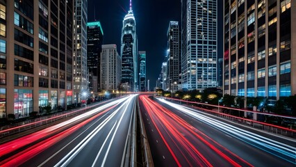 Fototapeta premium A bustling city street at night, with dynamic light trails from moving vehicles contrasting against the illuminated skyscrapers and modern architecture under a dark sky