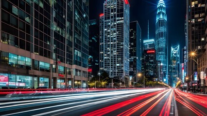 Fototapeta premium A bustling city street at night, with dynamic light trails from moving vehicles contrasting against the illuminated skyscrapers and modern architecture under a dark sky