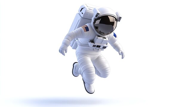 An astronaut in a white spacesuit with an American flag patch,  floating in mid-air against a white background.
