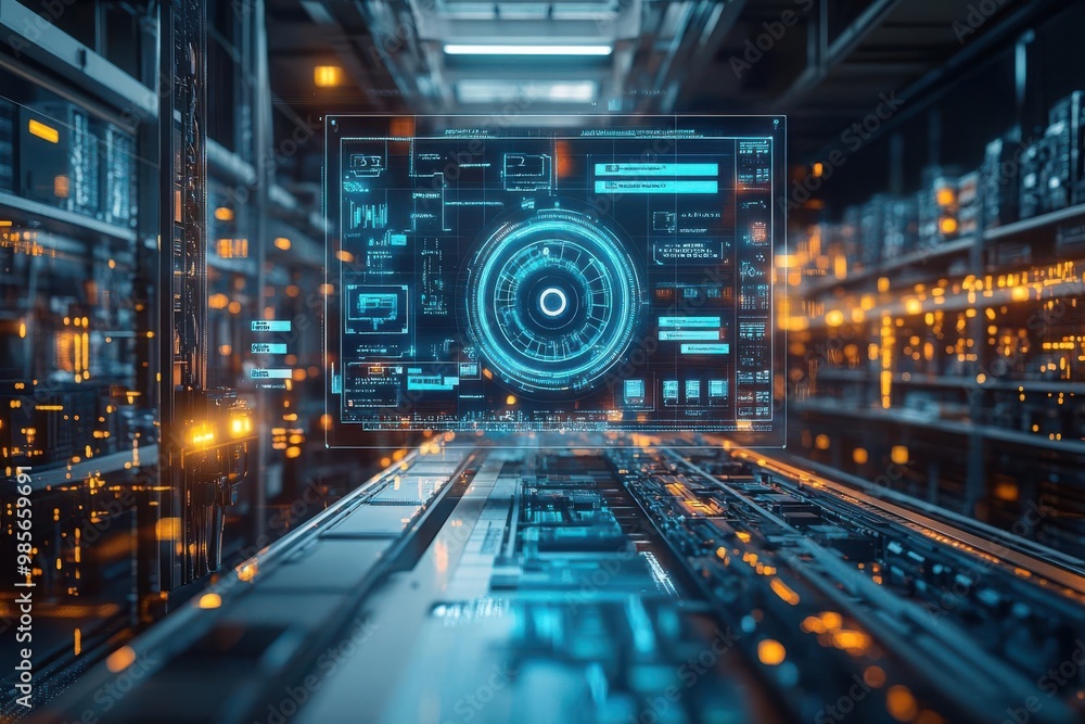 Poster futuristic technology interface showcasing digital data and glowing elements in a modern workspace.