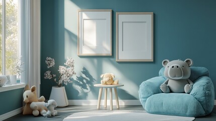 Modern living room with blue walls, plush armchair, and teddy bears.