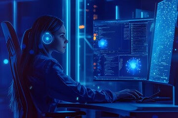 Female cybersecurity professional uses AI tools in a dark, digitally enhanced office.