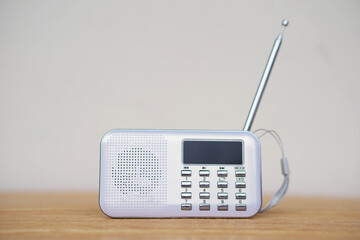 Mini portable radio. Concept, audio electronics for listening to music, songs or news from radio...