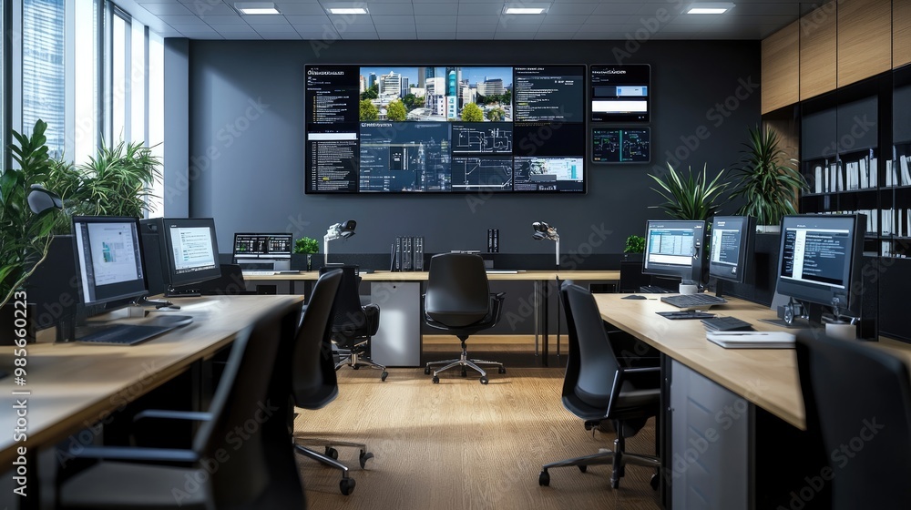 Poster modern office environment with integrated security cameras and real-time monitoring systems