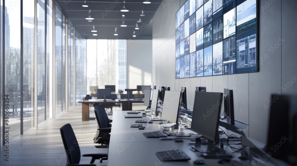 Poster modern office environment with integrated security cameras and real-time monitoring systems