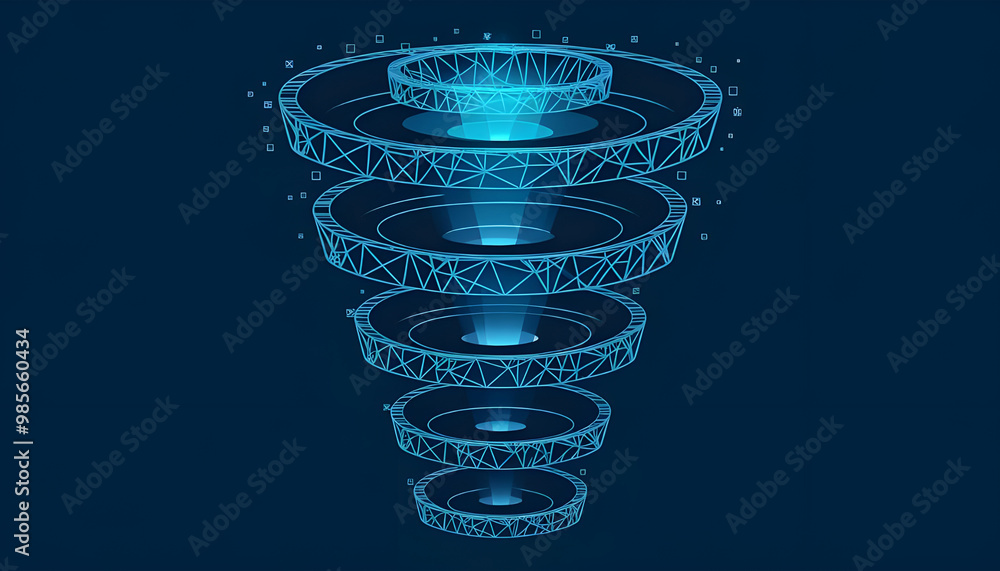 Poster digital social media sales funnel in blue technological polygons on dark background. marketing abstr