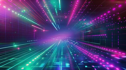 Neon background with green and purple gradients pixel art and glitch effects creating an 80s feel