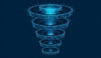 Digital Social Media Sales Funnel in blue technological polygons on dark background. Marketing Abstract Filter. Four Levels of Filtration. Customer Conversion Process. 
