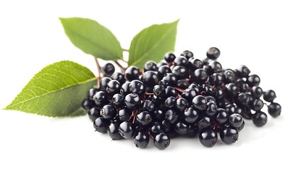 Fresh Elderberries with Green Leaves Isolated on White Background
