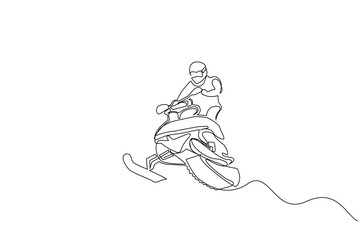 man winter driving snow vehicle snowmobile sports activity lifestyle one line art design