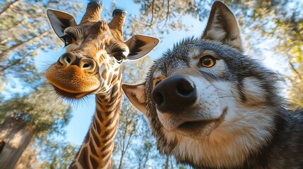 Giraffe and Wolf as Symbols of Nonviolent Communication in a Playful Close-Up