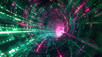 Obraz premium Futuristic neon backdrop with a vortex of green and pink pixel circuitry and glowing lights