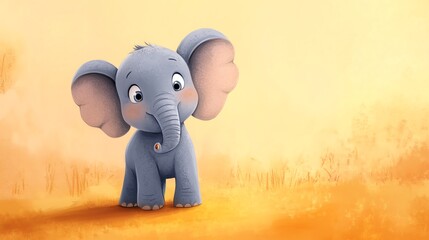 Cute cartoon baby elephant with big ears standing in a yellow field.