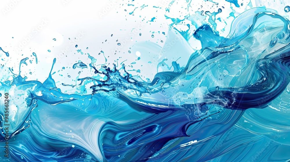 Wall mural summer wallpaper with swirling blue water shapes and splashes over a gradient from ocean blue to whi