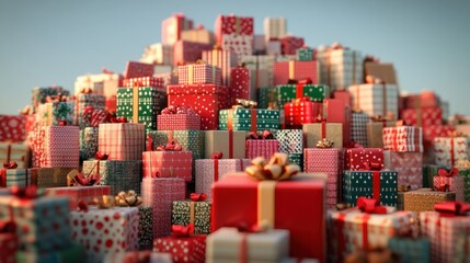 Different christmas presents on a large heap. Large stack of christmas packages. AI generated