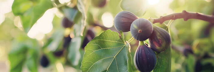 Fresh ripe figs on a tree branch with green leaves, morning sunlight, soft focus, fig fruits concept
