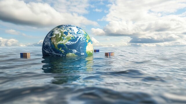 Globe partially submerged in water, surrounded by floating tariffs and trade barriers, symbolizing global restrictions