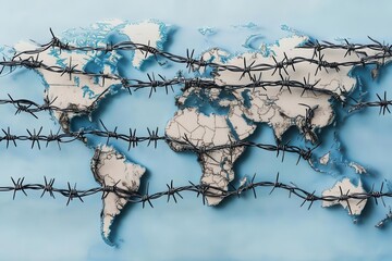 World map with shipping routes tangled in barbed wire, symbolizing obstacles in international trade