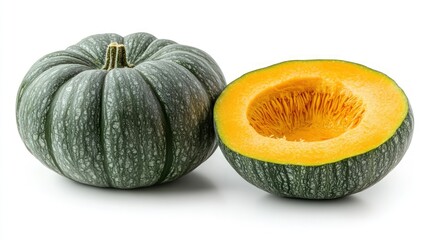 A whole green pumpkin and a halved pumpkin with orange flesh.