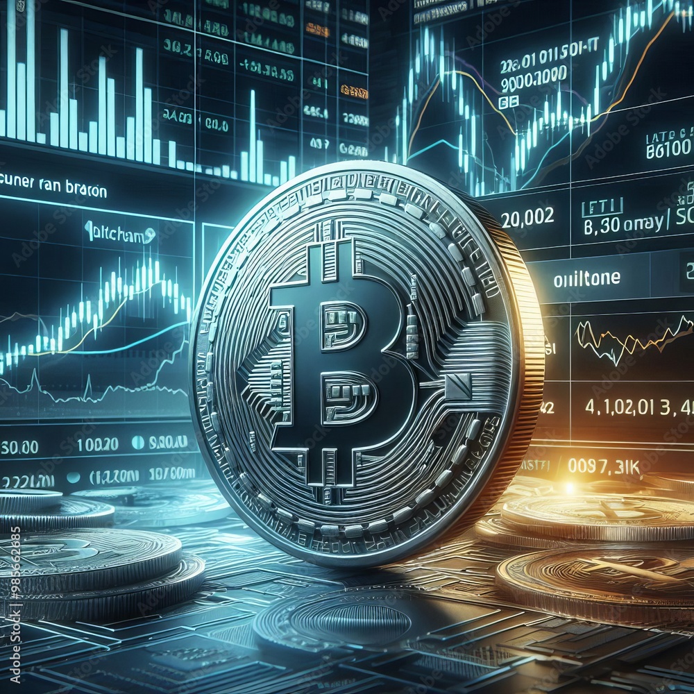 Poster a silver bitcoin coin displayed against a backdrop of market data and fluctuating charts, illustrati