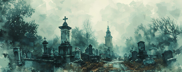 Old graveyard, crumbling tombstones, foggy atmosphere, Watercolor style