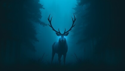 A Silhouetted Stag With Glowing Eyes in a Dark Forest