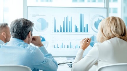 A team analyzes data visuals on a large screen during a business meeting, focusing on graphs and charts for insights and decision-making.