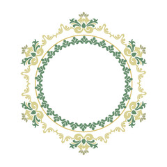 Floral circle wreath, ikat vector flowers pattern element design. A template for printing postcards, invitations, door decoration, party, books, textiles, engraving, wooden furniture, and placemats. 
