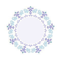 Floral circle wreath, ikat vector flowers pattern element design. A template for printing postcards, invitations, door decoration, party, books, textiles, engraving, wooden furniture, and placemats. 

