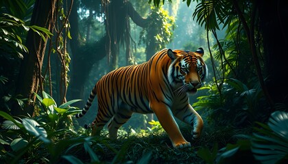 A Tiger Walking Through Lush Greenery in a Tropical Forest
