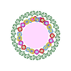 Floral circle wreath, ikat vector flowers pattern element design. A template for printing postcards, invitations, door decoration, party, books, textiles, engraving, wooden furniture, and placemats. 
