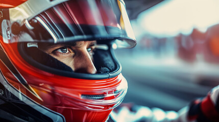 Focused race car driver with helmet, intense eyes, motorsport athlete in car, professional racing gear, concentration concept