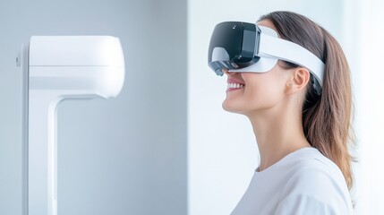 A woman wearing a virtual reality headset smiles while interacting with a sleek VR device in a bright, modern environment.