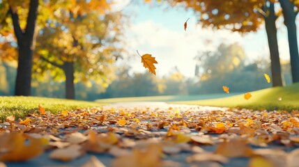 A serene autumn scene showcasing a pathway covered with colorful fallen leaves, illuminated by soft sunlight filtering through trees.