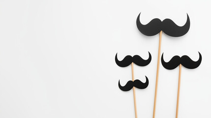 Black paper moustaches on sticks for fun, playful props against white background, creative party accessory concept