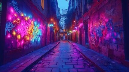 Fototapeta premium Neon city streets covered in graffiti art, explosive color bursts blending with urban textures, dark alleyways filled with glowing graffiti patterns,