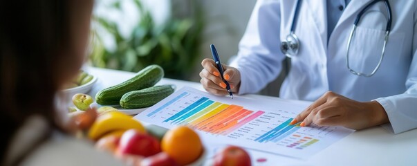 Nutritionist showing a colorful chart of daily recommended servings to a client during a consultation