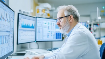 A focused scientist analyzes data on multiple monitors in a modern laboratory environment, showcasing advanced technology and research.