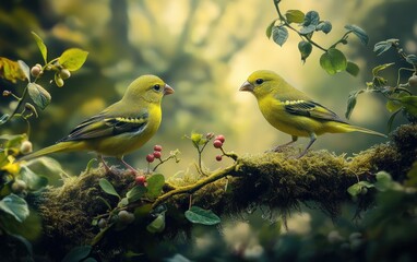 Fototapeta premium Two yellow finches, perched on moss-covered branches in an enchanted forest setting