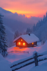 Fototapeta premium Cabin nestled in snow with sunset glow