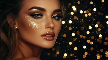 Gorgeous lady with gold makeup on black glitter background. Sparkling Black Friday look.