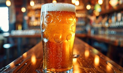 Immerse yourself in the cozy ambiance of a bustling brewery as you savor a perfectly poured pint of golden ale, droplets glistening under soft lights